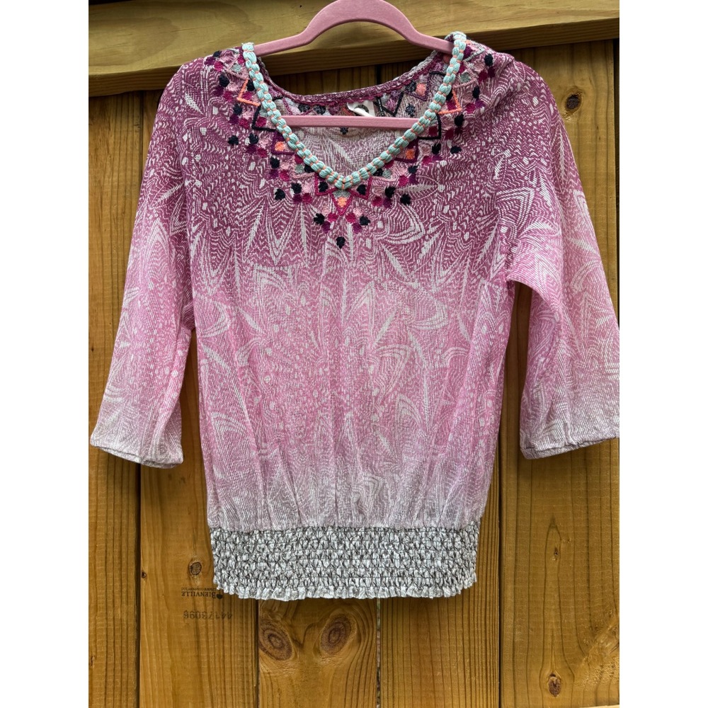 Akemi + Kin Embroidered Blouse Pink 3/4‎ Sleeve Smocked Waist Bohemian Top